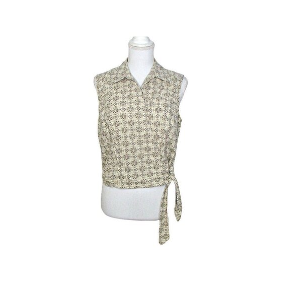 Faded Glory Cropped Wrap Side Tie Sleeveless Blouse 100% Cotton Beige White Sz L - Picture 1 of 12